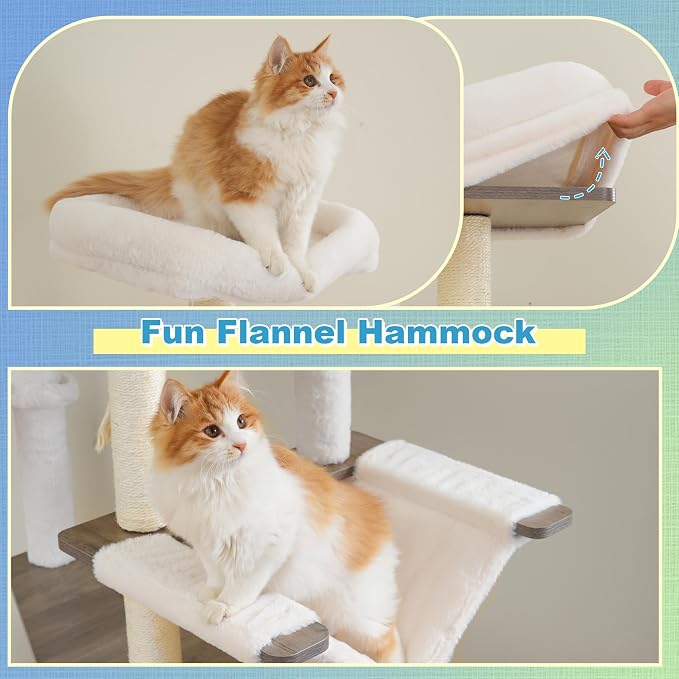 Hey-brother Wooden Cat Tree, 69.7 inch Cats Furniture Tower with Large Platforms, Hammocks, Spacious Condo, Full Sisal Scratching Posts, Ladder, Brush, Water Proof Surface, Rustic Gray MPJ121SG