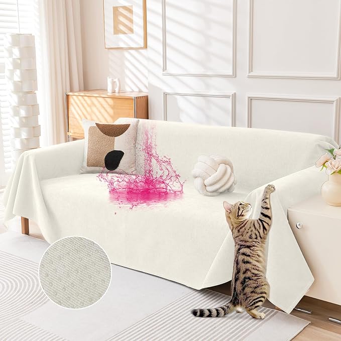 Deep Dream Cat-Scratch Resistant Couch Cover, Waterproof Sofa Cover for 3 Cushion Couch Washable, Pet Friendly Couch Protectors Anti Slip Thickened Sofa Slipcovers for Dogs Pets, 71" x 118", White