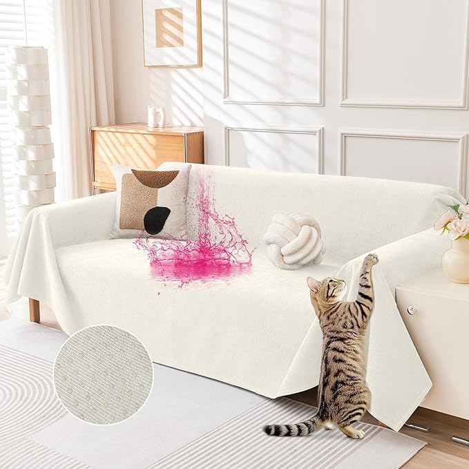 Deep Dream Cat-Scratch Resistant Couch Cover, Waterproof Sofa Cover for 3 Cushion Couch Washable, Pet Friendly Couch Protectors Anti Slip Thickened Sofa Slipcovers for Dogs Pets, 71" x 102", White