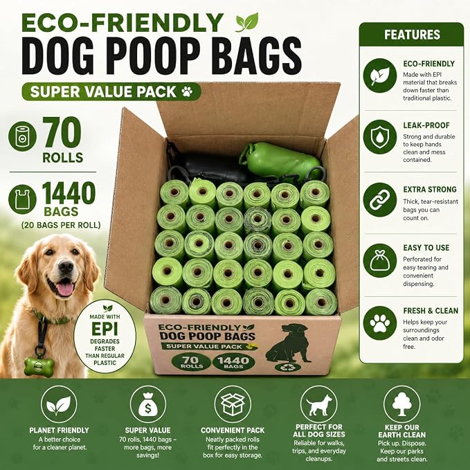 Doggy Poop Bags Biodegradable with Dispenser (1440 Bags) Eco-friendly Dog Waste Pickup Bags Landfill-friendly Refill Rolls Cat Waste Bags (Green, 72 Rolls, Unscented)