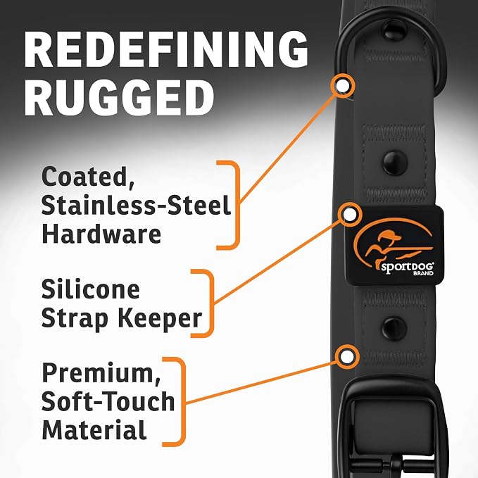SportDOG Rugged Utility Collar – Waterproof and Stink-Proof – Premium Soft-Touch Material – Stress-Tested, Durable Hardware – Silicon Strap Keeper – Black – Medium