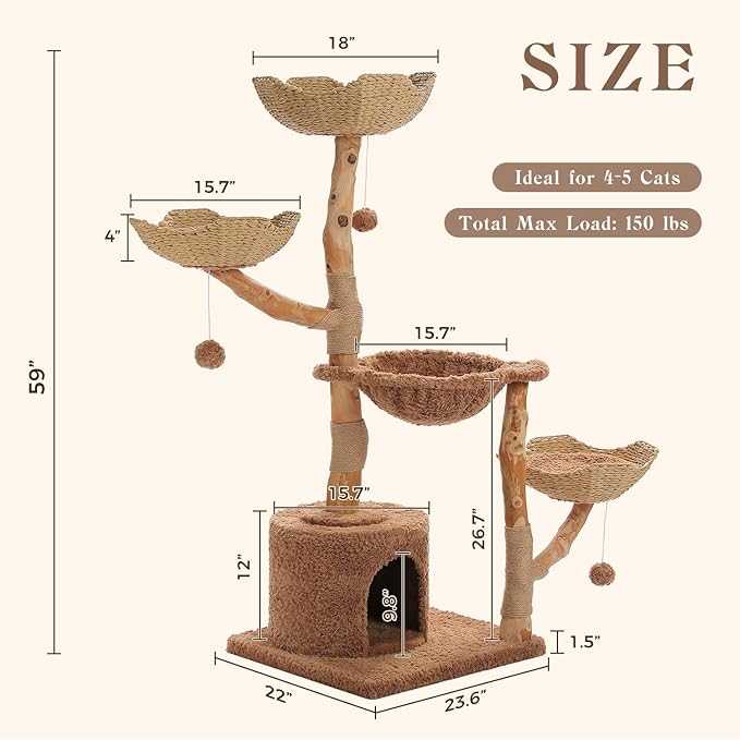 MUTTROS 59" Cat Tree Tower with Real Solid Wood Natural Branch, Modern Cat Tree for Large Cats w/3 Handwoven Wicker Baskets- Luxury Boho Cat Furniture w/Condo & Soft Hammock, Scratching Post, Brown