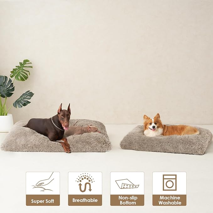 EHEYCIGA Fluffy Dog Crate Bed for Medium Dogs, Plush Faux Fur Pet Crate Pad, Calming Anti Anxiety Medium Pet Bed, Washable Soft Warm Dog Mat with Non-Slip Bottom, Taupe