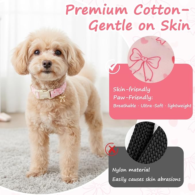 Pink Bow Dog Collar, Adjustable Cotton Dog Collar for Small Medium Large Dogs, Cute Puppy Collars for Girl Female Dogs, Ideal for Gifts,Pet Accessory,XS