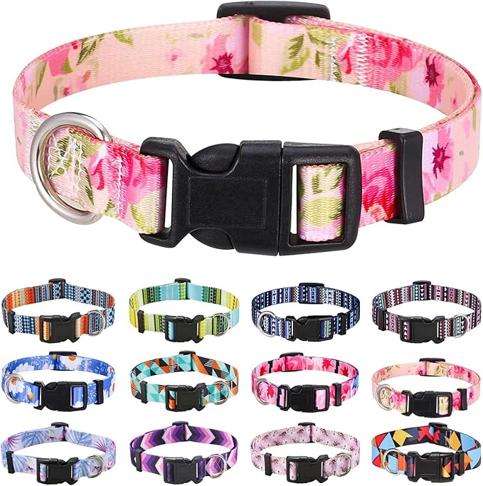 Mihqy Dog Collar with Bohemia Floral Tribal Geometric Patterns - Soft Ethnic Style Collar Adjustable for Small Medium Large Dogs（ Pink Rose, M ）