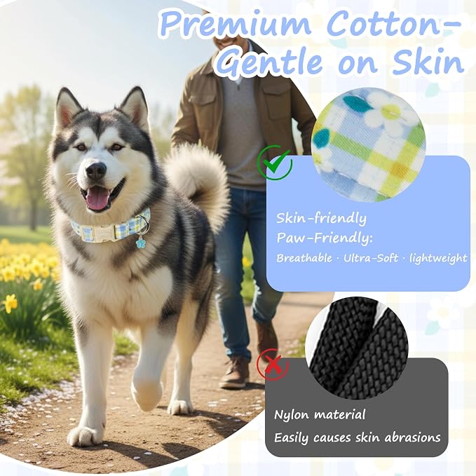 Dog Collar with Blue Checkered & Floral Patterns, Spring Summer Collection Dog Collar with Exquisite Pendant, Durable Adjustable Collars for Gifts & Daily Use-XS