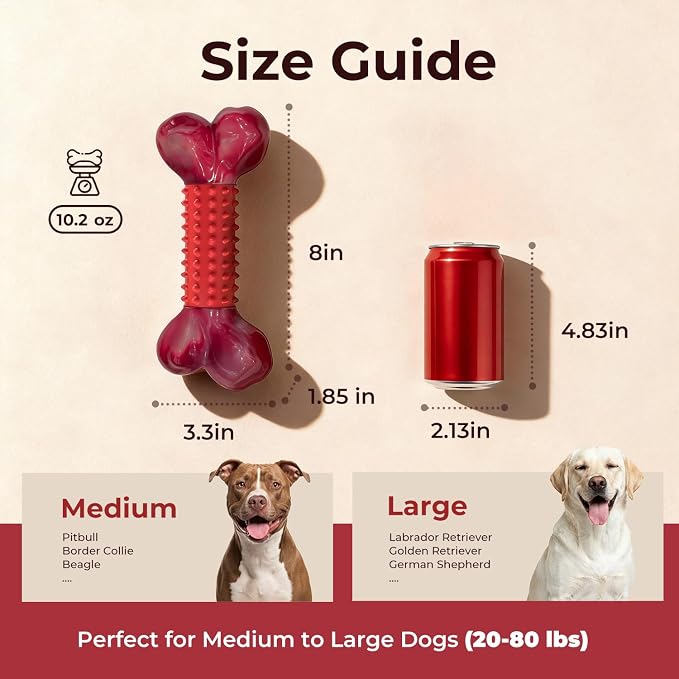 3-Pack Tough Dog Toys for Aggressive Chewers: Beef Flavored Long Lasting Dog Bones for Large Dogs, Heavy Duty Nylon & Rubber Dog Chew Toys to Keep Them Busy, Medium & Large Breed, Red