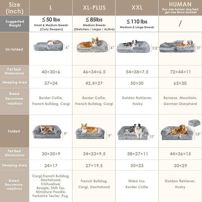 EHEYCIGA Foldable XL Dog Bed, 46"x34"x6.5" Faux Fur Fluffy Pet Couch Bed for Large Dogs, Orthopedic Calming Memory Foam Big Pet Bed, Washable Soft Pet Sofa Bed with Non-Slip Bottom, Grey