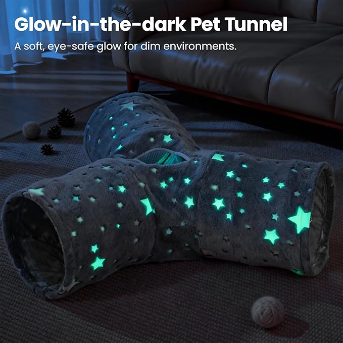 Tempcore 3-Way Collapsible Cat Tunnel Toy with Self-Luminous Tube & Teaser Wand, Peek Holes & Hanging Ball, Photoluminescence Play Tunnel for Indoor Cats, Puppy, Rabbit