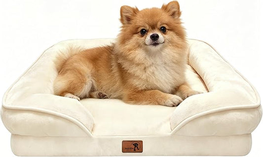 Spotted Play Orthopedic Dog Bed with Sides - Sofa Beds for Small Dogs, Supportive Foam Pet Couch Bed with Washable Removable Cover, Waterproof Lining and Non-Slip Bottom, Ivory - S