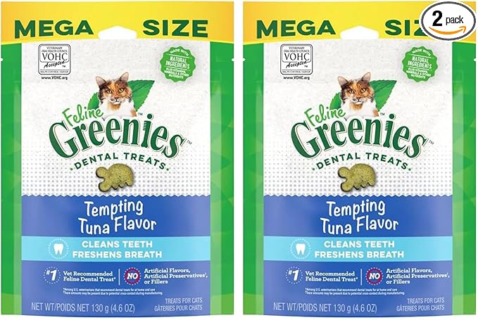 Greenies Cat Treats, Veterinarian-Recommended Adult Natural Dental Cat Treats, Tempting Tuna Flavor, 4.6 oz. Tub (Pack of 2)