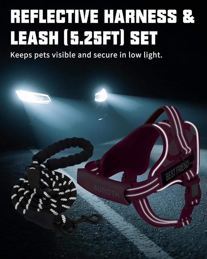 AUROTH Dog Harness and Leash Set, Soft Padded Service Dog Vest with 5.25FT Dog Leash, No Choke, Easy On Pet Vest, Adjustable Reflective No Pull Dog Harness Small Sized Dog, Easy Walking and Training