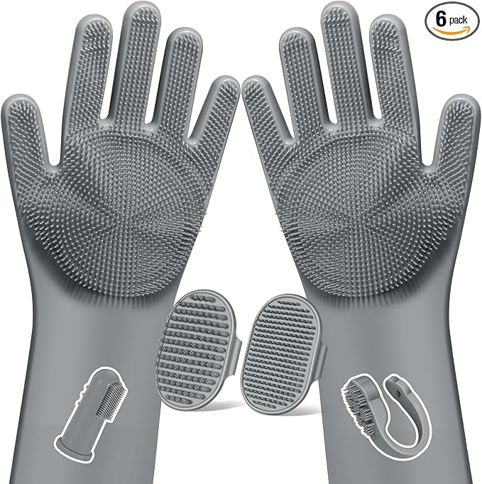 Augwind 6PCS Pet Grooming Kit for Dogs, Cats and Horses | Dog Washing Gloves | Cleanroom Gloves | Dog Bath Brush | Dog Bath Gloves | Dog Shampoo Brush | Dog Bath Supplies (Grey)