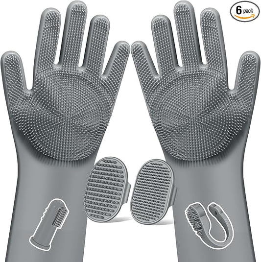 Augwind 6PCS Pet Grooming Kit for Dogs, Cats and Horses | Dog Washing Gloves | Cleanroom Gloves | Dog Bath Brush | Dog Bath Gloves | Dog Shampoo Brush | Dog Bath Supplies (Grey)
