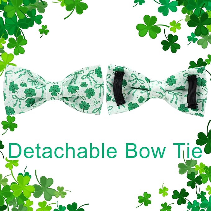 St. Patrick's Day Dog Collar with Bow Tie, Spring Shamrock Bowtie Collar for Girl Boy Dog, Lucky Clover Dog Collar with Metal Buckle, Green Collar for Dogs, XL