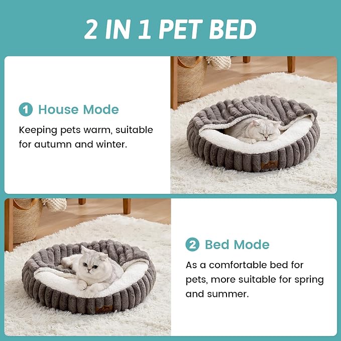 COZY KISS Hooded Blanket Cat Bed – 20"x20" Round Fluffy Donut Cuddler for Cats & Toy Dogs, Anti-Anxiety Faux Fur Pet Bed, Machine Washable with Non-Slip Bottom, Grey