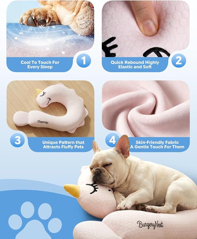 BurgeonNest Cooling Small Dog Pillow for Puppies and Cats, Summer Chill Pet Calming Pillow with Cool-Touch Fabric, Soft Sleep Bolster for Senior Dogs & Kittens, Machine Washable (Cool Pink, Medium)