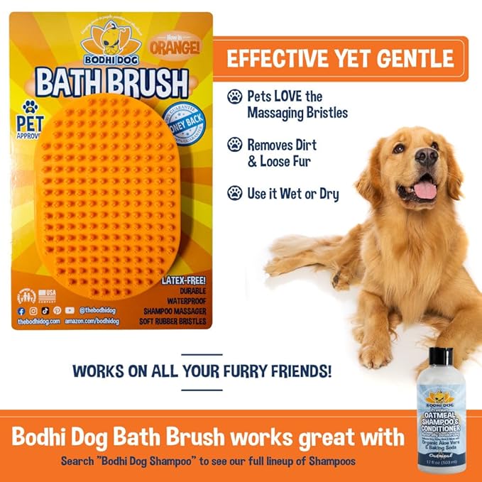 Bodhi Dog Shampoo Brush - Pet Grooming & Bath Supplies for Dogs and Cats - Bath Brush for Long & Short Hair - Premium Scrubber for Shower, Bathing & Massage (One Pack, Orange)