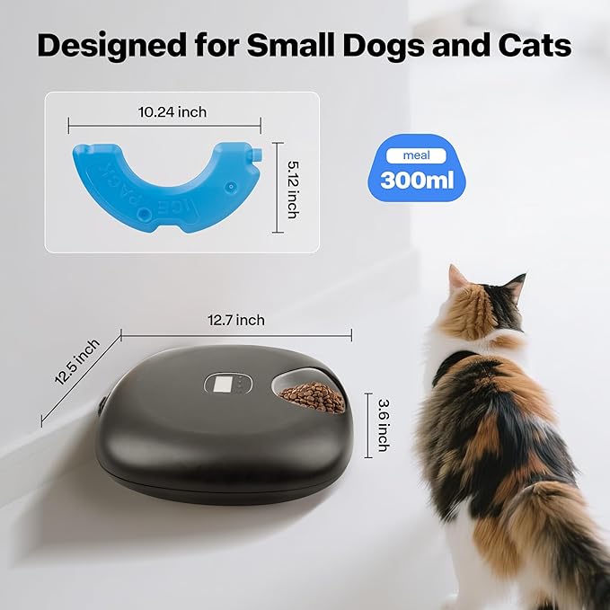 PetPrime 6-Meal Automatic Cat Feeder with Two Ice Packs,Cordless Rechargeable Cat Food Dispenser for Cats and Small Dogs Wet Food Auto Pet Feeder Black