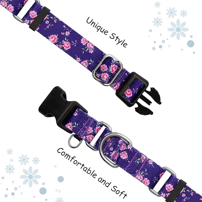 Martingale Collar for Dogs with Buckle Floral Dog Collar Girl Female Soft Nylon Dog Collars for Small Medium Large Dogs (Purple Flower, L)