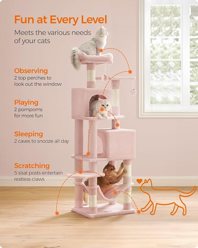 Feandrea Cat Tree, 59.5-Inch Tall Cat Tower, Plush Multi-Level Condo with 5 Scratching Posts, 2 Perches, 2 Caves, Hammock, 2 Pompoms, Jelly Pink UPCT192P01