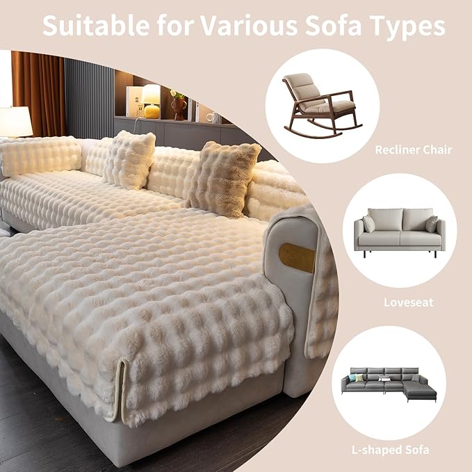 Faux Fur Couch Cover, Soft Warm Plush Sofa Couch Cover, Non Slip Sectional Sofa Slipcovers, Washable Furniture Protector for Kids, Dogs, L Shaped Armrest Backrest Cover(White, 36"x 36")