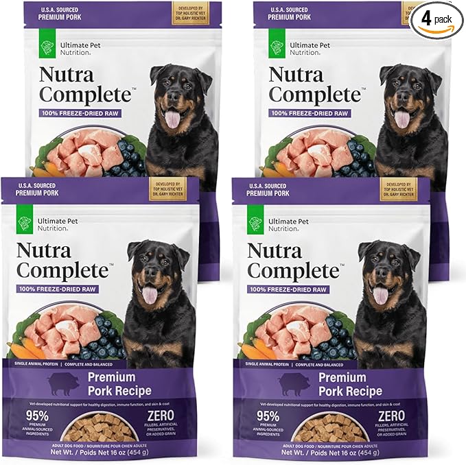 ULTIMATE PET NUTRITION Nutra Complete, 100% Freeze Dried Veterinarian Formulated Raw Dog Food with Antioxidants Prebiotics and Amino Acids, (1 Pound (Pack of 4), Pork)