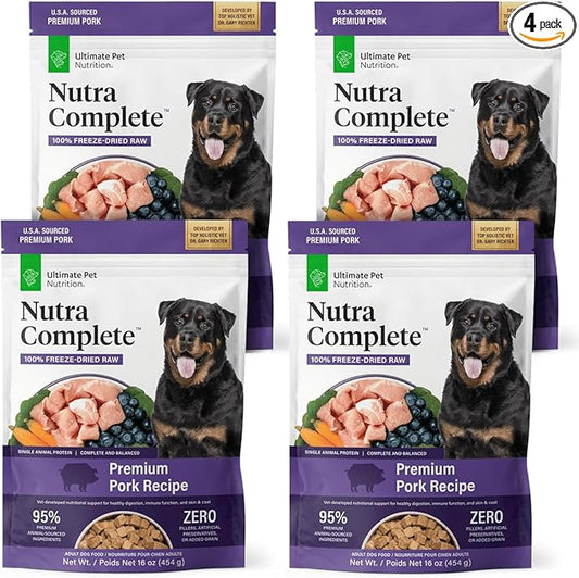ULTIMATE PET NUTRITION Nutra Complete, 100% Freeze Dried Veterinarian Formulated Raw Dog Food with Antioxidants Prebiotics and Amino Acids, (1 Pound (Pack of 4), Pork)