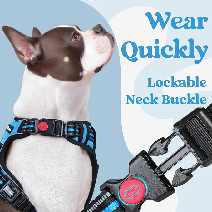 rabbitgoo Dog Harness Medium Sized, No Pull Easy On & Off with 3 Buckles Pet Harness, Adjustable Soft Walking Vest with 2 Clips and Handle, Reflective for Medium Dogs, Sky Blue, M