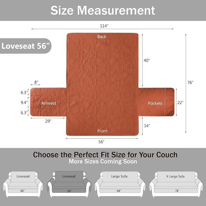 Orange Loveseat Covers for 2 Cushion Couch, Water-Repellent Sofa Slipcover for Love Seat, Machine Washable Quilted Couch Covers, Pet Friendly Sofa Cover (Loveseat 56", Burnt Orange)