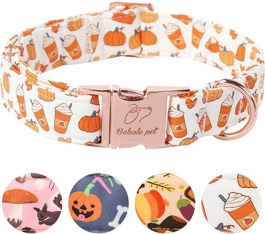 Fall Dog Collar for Large Dogs - Fall Holiday Pumpkin Latte Printed Dog Collars, Adjustable Heavy Duty Pet Collar with Metal Buckle XL