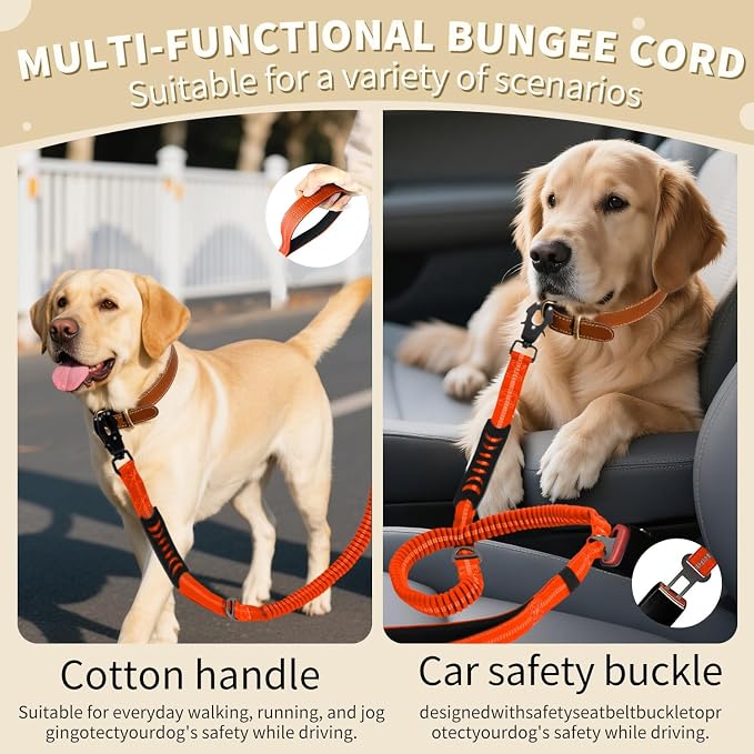 Heavy Duty Tactical Dog Leash, 4-6FT Shock Absorbing Bungee Lead with 2 Padded Handles, Metal Carabiner & Seatbelt Clip, Reflective No-Pull Leash for Medium/Large Dogs (Orange)