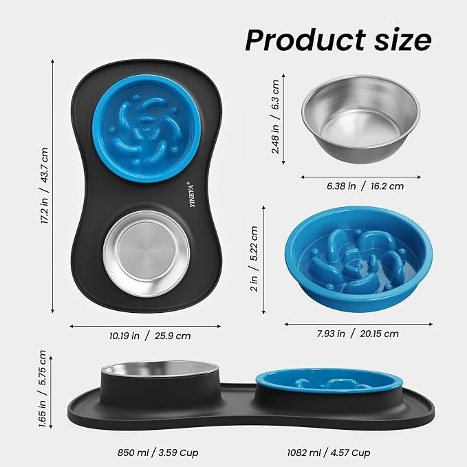 YINEYA 3 in 1 Slow Feeder Dog Bowls & Stainless Steel Food and Water Bowl with Non-Spill Dog Bowl Mat, Anti-Choking Puppy Bowls, Floor Safe & Easy Clean for Large Medium Small Dogs Cats