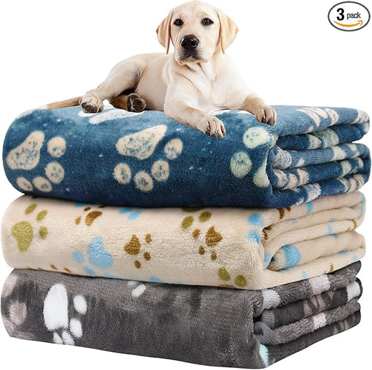 Rezutan 1 Pack 3 Blankets for Dogs, Dog Blanket for Large & Medium Pet Cat, Premium Soft Fluffy Suitable for Dog Kennels & Beds, Sofas, Gifts Puppy Essentials, 41x31inch, Gray/Blue/Beige