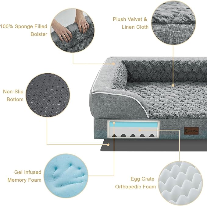 Orthopedic Dog Beds for Extra Large Sized Dogs 42x30 Inch, XL Waterproof Egg Crate Foam Dog Sofa Bed with Removable Washable Cover Big Pet Couch with Bolster & Non-Slip Bottom, Grey