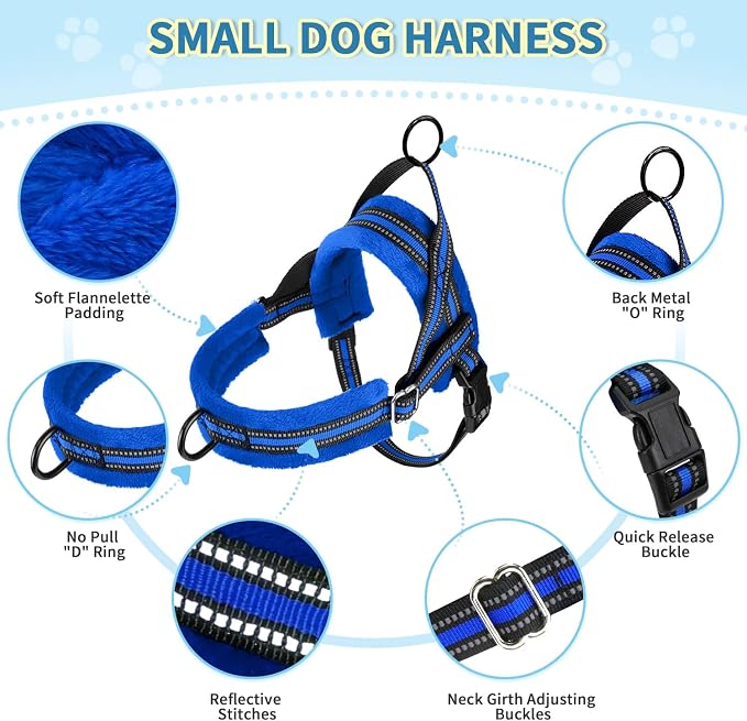 Lukovee No Pull Dog Harness and Leash Set, Soft Padded Small Dog Harness, Neck & Chest Adjustable Reflective Vest Puppy Harness with 4ft Lightweight Anti-Twist Dog Leash for Small Dogs (Blue, M)
