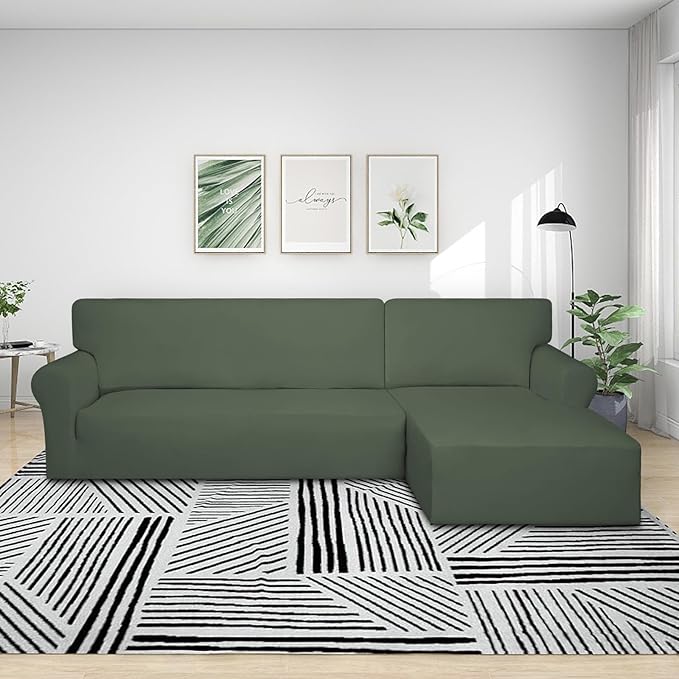 PureFit Super Stretch Sectional Couch Covers - 2 pcs Polyester and Spandex Non Slip Sofa Covers with Elastic Bottom for L Shape Sectional Sofa Couch (3 Seat Sofa + 2 Seat Chaise, Greyish Green)