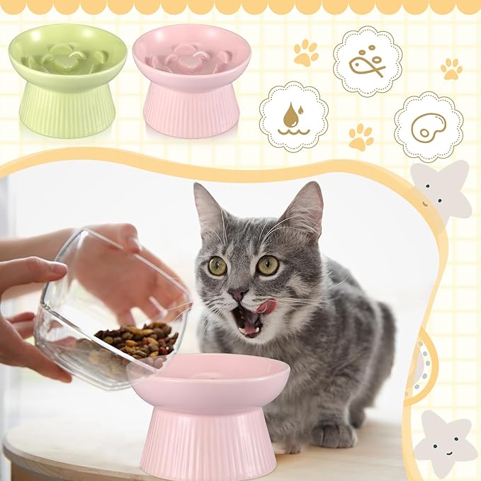 Layhit 2 Pack Raised Slow Feeder Cat Bowls Ceramic Elevated Cat Food Bowls Anti Vomiting Slow Feeder for Dog and Kitten for Dry and Wet Food(Green, Pink)