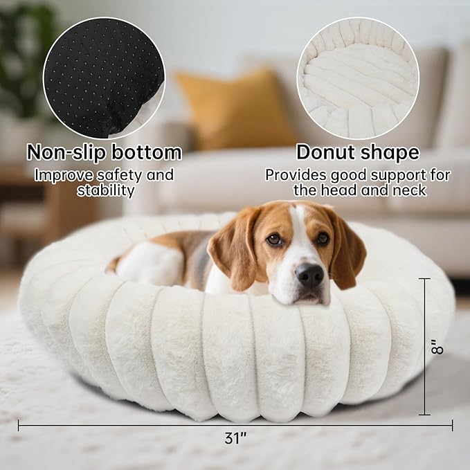 Donut Dog and Cat Bed, Luxurious Comfortable Faux Rabbit Fur Pet Beds, Round Anti-Anxiety Calming Puppy Kitten Bed with Anti-Slip Bottom for Small Medium Dogs & Cats(31", White)