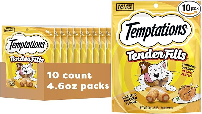 Temptations Tender Fills Crunchy and Soft Adult Cat Treats, Roasted Chicken Flavor, 4.6 oz. Pouch (Pack of 10)