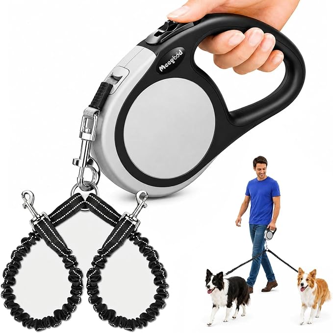 Double Retractable Dog Leash for Two Dogs Up to 50 lbs - 16 ft Coupler Leashes for Small Medium Dogs - One Locked System, Non Slip Grip, Tangle Free (Grey)