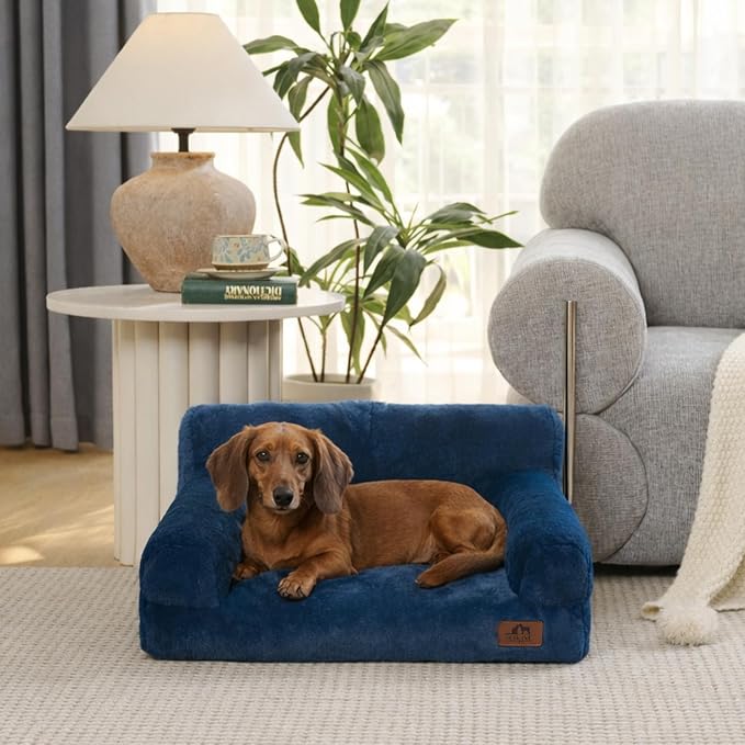 Hollypet Fluffy Dog Cat Bed Pet Couch Beds Plush Soft Warming Washable Puppy Bed for Small Medium Dogs and Large Cats, Cobalt Blue, 24" L x 18" W x 10" Th