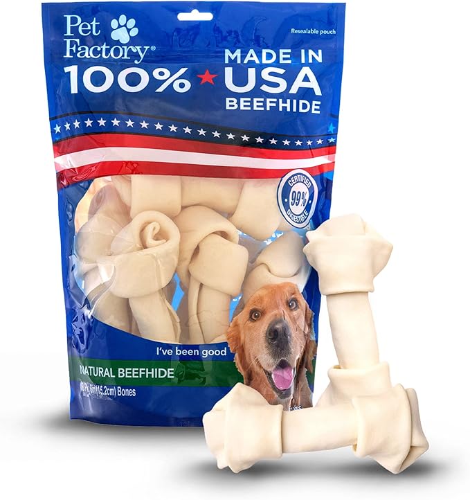 Pet Factory 100% Made in USA Beefhide Dog Chews – 6–7" Knotted Rawhide Bones for Dogs, Natural Flavor Long-Lasting Dog Chew Treats, Helps Support Dental Health, 8 Count Pack