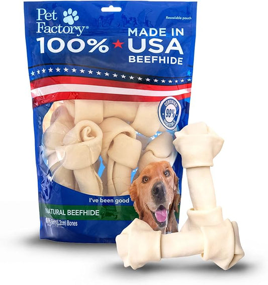 Pet Factory 100% Made in USA Beefhide Dog Chews – 6–7" Knotted Rawhide Bones for Dogs, Natural Flavor Long-Lasting Dog Chew Treats, Helps Support Dental Health, 8 Count Pack