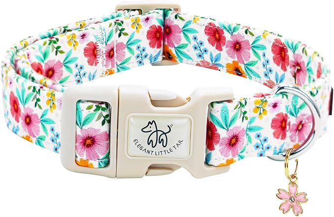 Elegant little tail Dog Collar, Pink Floral Print Pink Puppy Male Adjustable Cotton Pet Collar with Quick Release Buckle for Small Medium Large Dogs