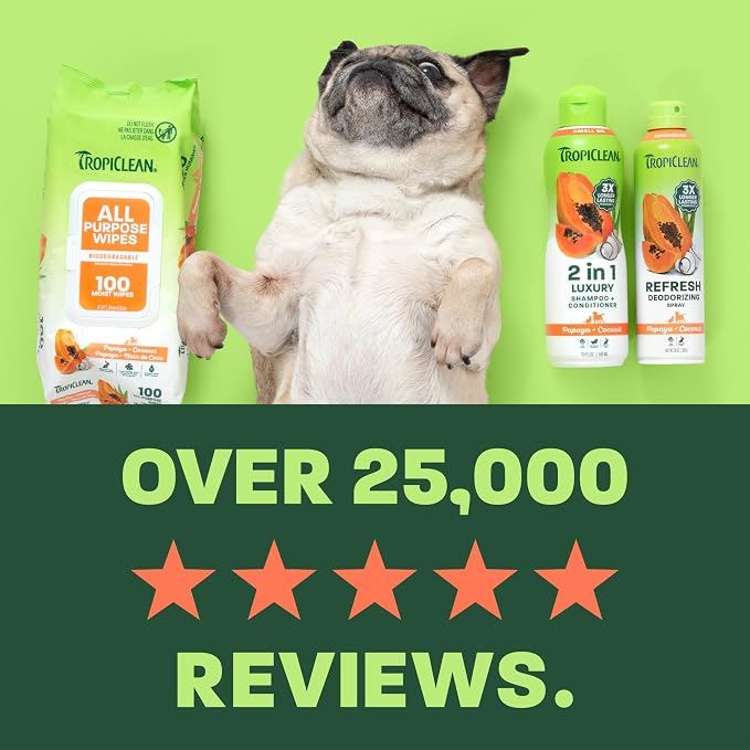 TropiClean Dog Grooming Kit, Papaya Pamper Pack (2-in-1 Dog Shampoo and Conditioner 20oz, Dog Perfume 12oz, Dog Wipes 100ct)