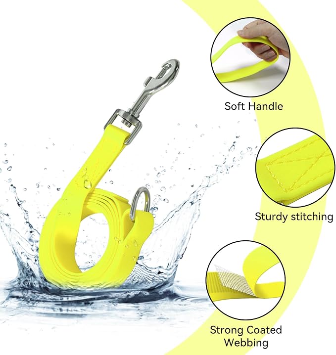 Waterproof Dog Leash, 5/6 FT Durable Odor-Proof Dog Leashes with Strong Metal Hooks Fits Small Medium or Large Dogs (Yellow, 6FT - 1 inch Width)
