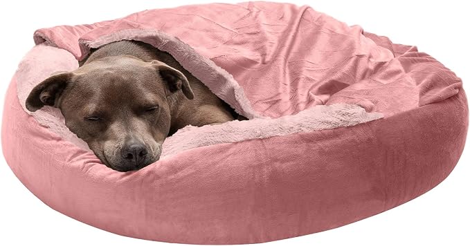Furhaven 27" Round Calming Donut Dog Bed for Medium/Small Dogs, Washable, For Dogs Up to 45 lbs - Plush Velvet Waves Hooded Donut Bed - Rose Pink, Medium