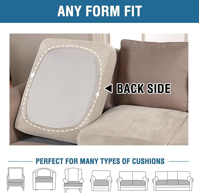 H.VERSAILTEX Velvet Stretch Couch Cushion Cover Plush Cushion Slipcover for Chair Loveseat Sofa Cushion Furniture Protector Seat Cushion Sofa Cover (2 Piece Large Sofa Cushion Covers, Ivory)