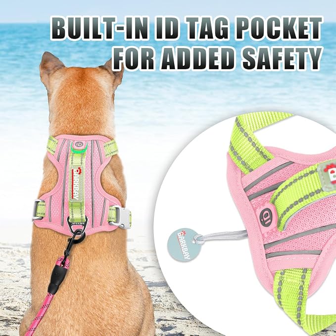 BARKBAY No Pull Dog Harness Large Reflective Dog Harness with Front Clip and Easy Control Handle for Walking Training Running with ID tag Pocket(Baby Pink & Sunlight,XS)